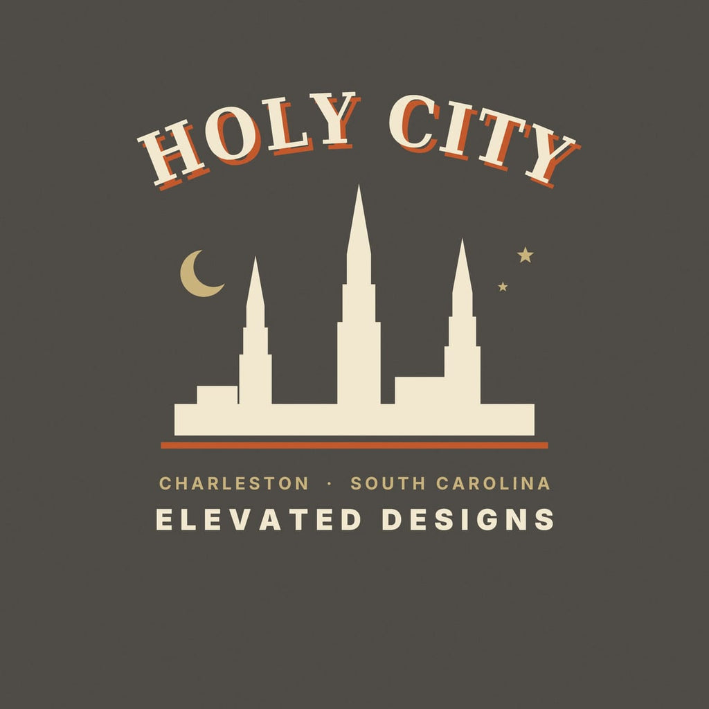 Close-up of the Holy City print: three tall cream steeples rising over low rooftops, a gold crescent moon and stars, and a rust underline.