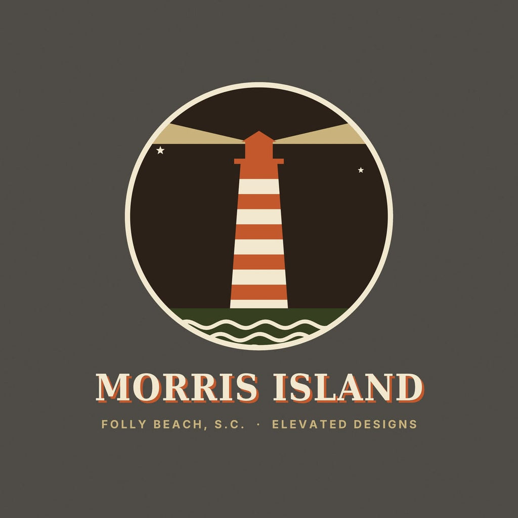 Close-up of the Morris Island print: a rust-and-cream striped lighthouse throwing tan light beams, two small stars and cream waves on olive water.