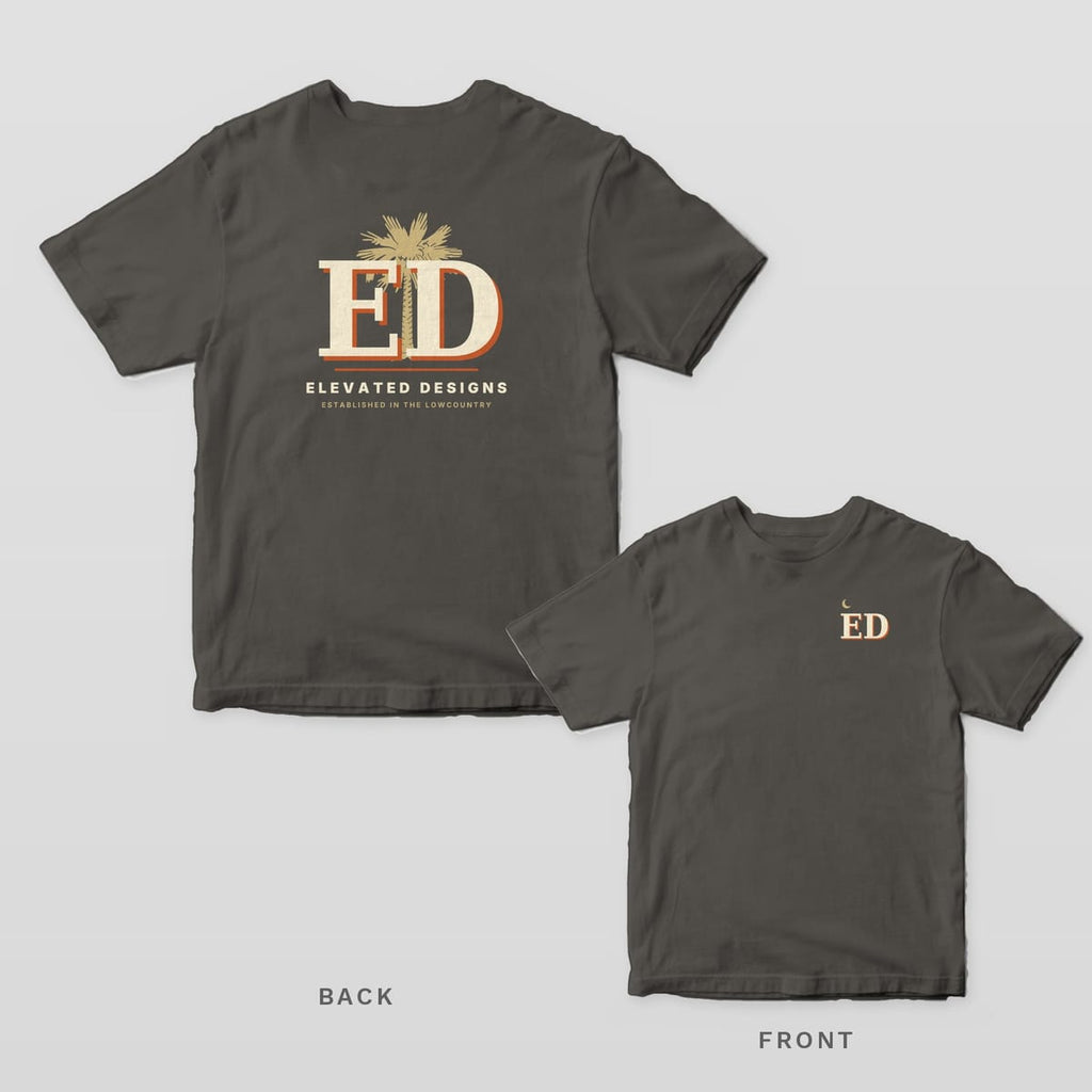 Pepper Comfort Colors tee shown back and front: a large ED monogram with a palmetto behind it on the back and a small crescent moon over ED on the left chest.