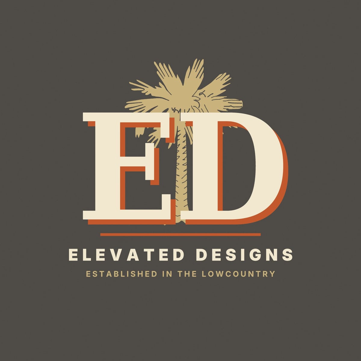 Close-up of the ED Monogram print: chunky cream serif letters with a rust drop shadow and a tan palmetto fanning out behind them.