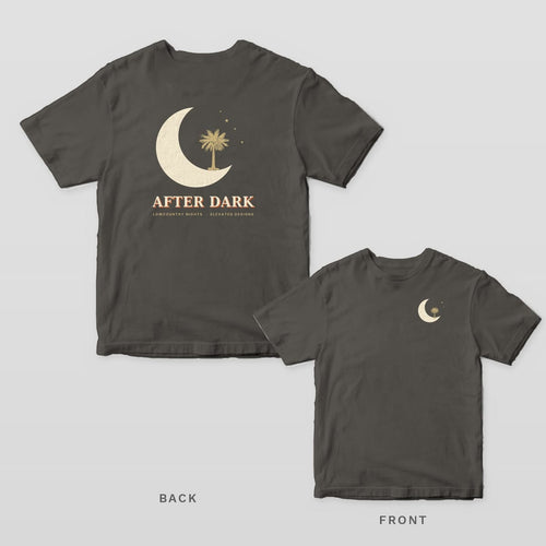 Pepper Comfort Colors tee shown back and front: a palmetto inside a crescent moon over AFTER DARK on the back and a smaller moon and palmetto on the left chest.