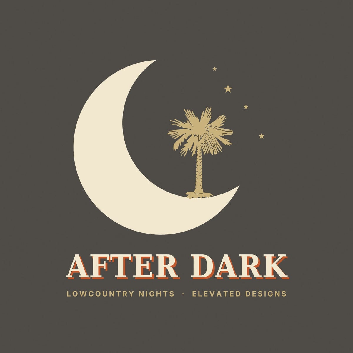 Close-up of the After Dark print: a sketchy gold palmetto standing in the curve of a big cream crescent moon, with small gold stars.