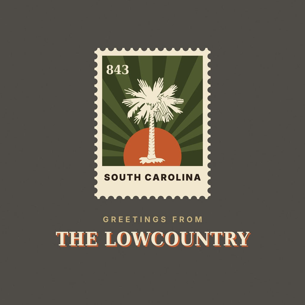 Close-up of the Greetings stamp print: scalloped cream stamp edges around a cream palmetto, an orange sun and olive sunburst rays with 843 in the corner.