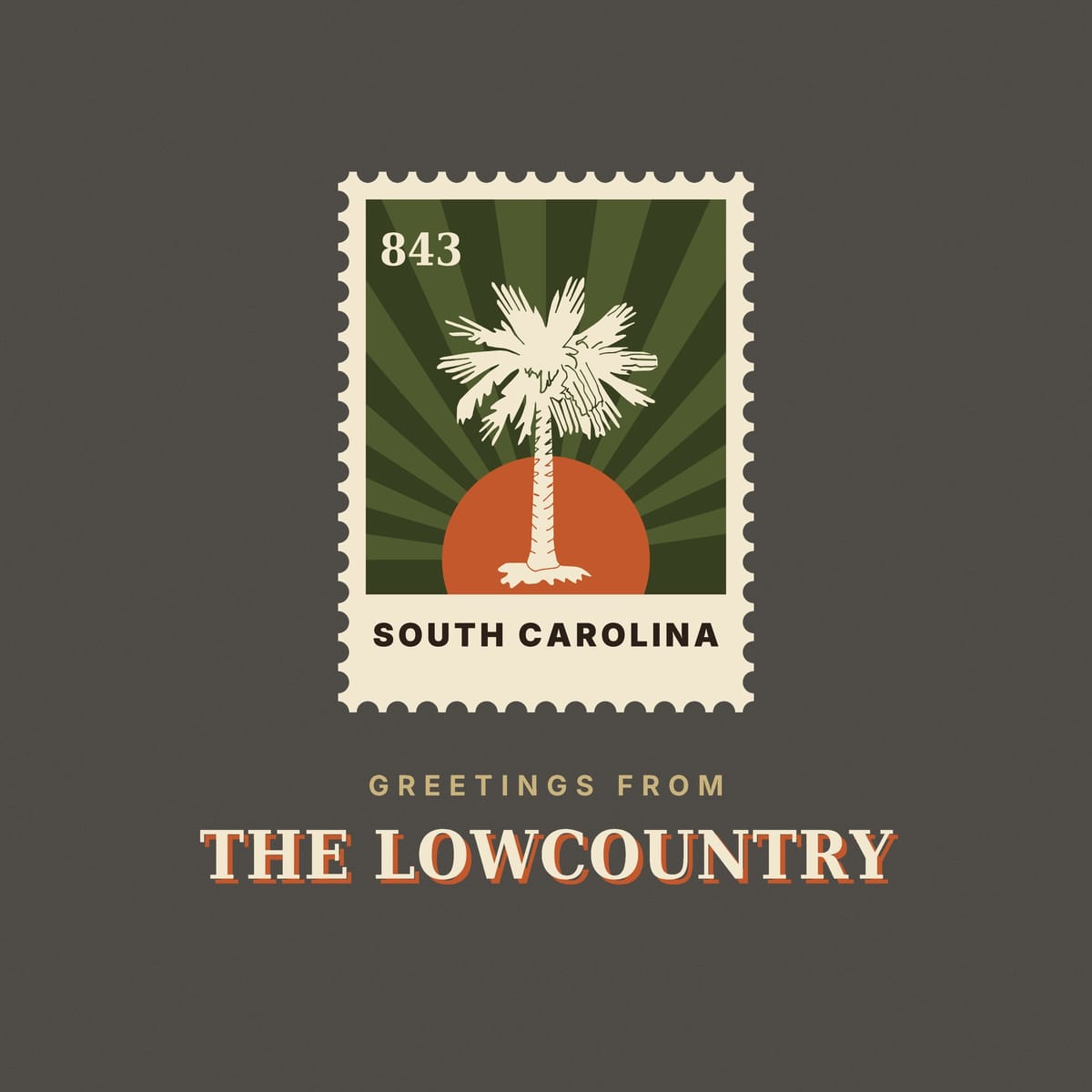 Close-up of the Greetings stamp print: scalloped cream stamp edges around a cream palmetto, an orange sun and olive sunburst rays with 843 in the corner.