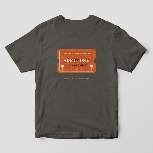 Back of a Pepper Comfort Colors 1717 tee with a rust ticket stub reading ELEVATED DESIGNS PRESENTS, ADMIT ONE, THE LOWCOUNTRY and No. 000843 with two palmettos, above GOOD FOR ONE GOOD TIME.