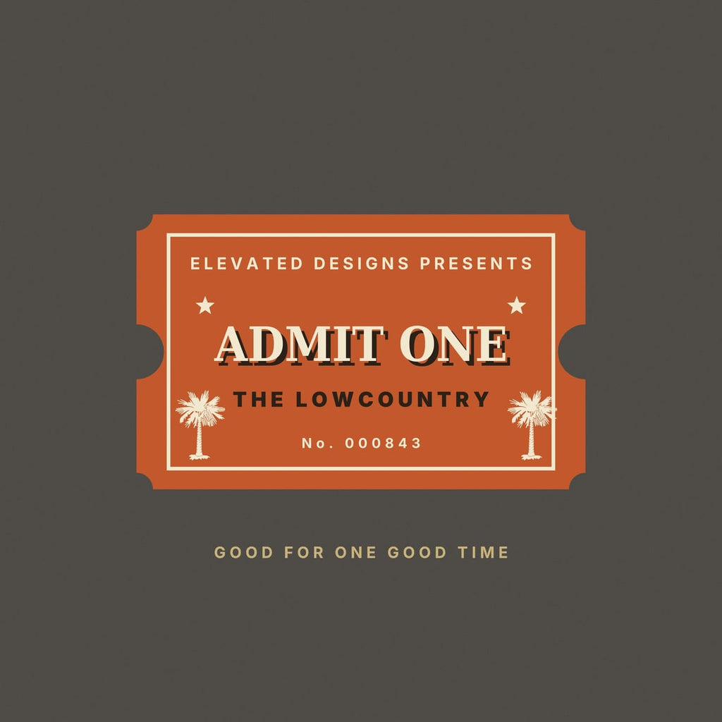 Close-up of the Admit One print: a notched rust ticket with a cream inner border, shadowed ADMIT ONE lettering, two small stars and cream palmetto trees.