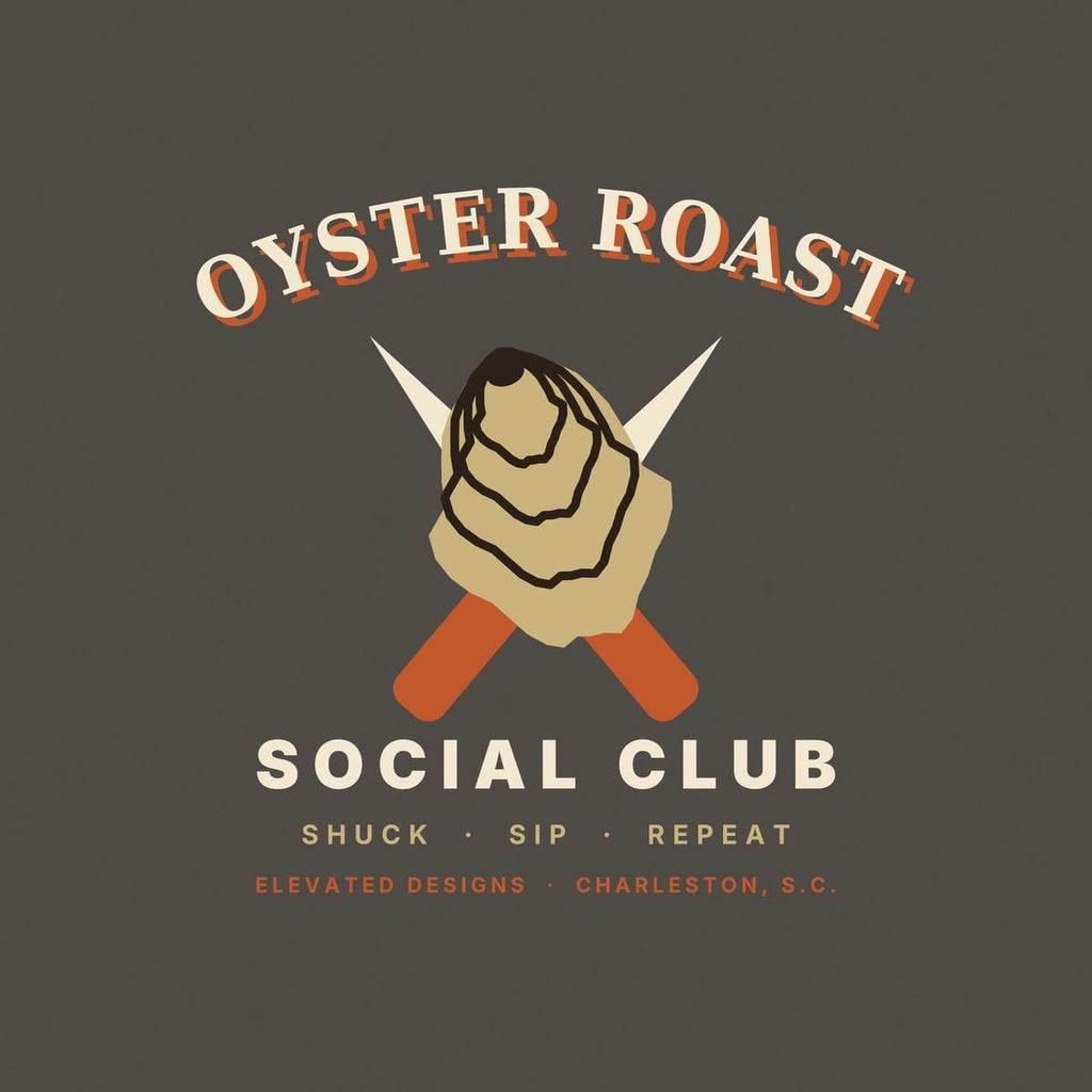 Close-up of the Oyster Roast print: a tan oyster shell with dark brown growth rings over two crossed knives with rust handles and cream blades.
