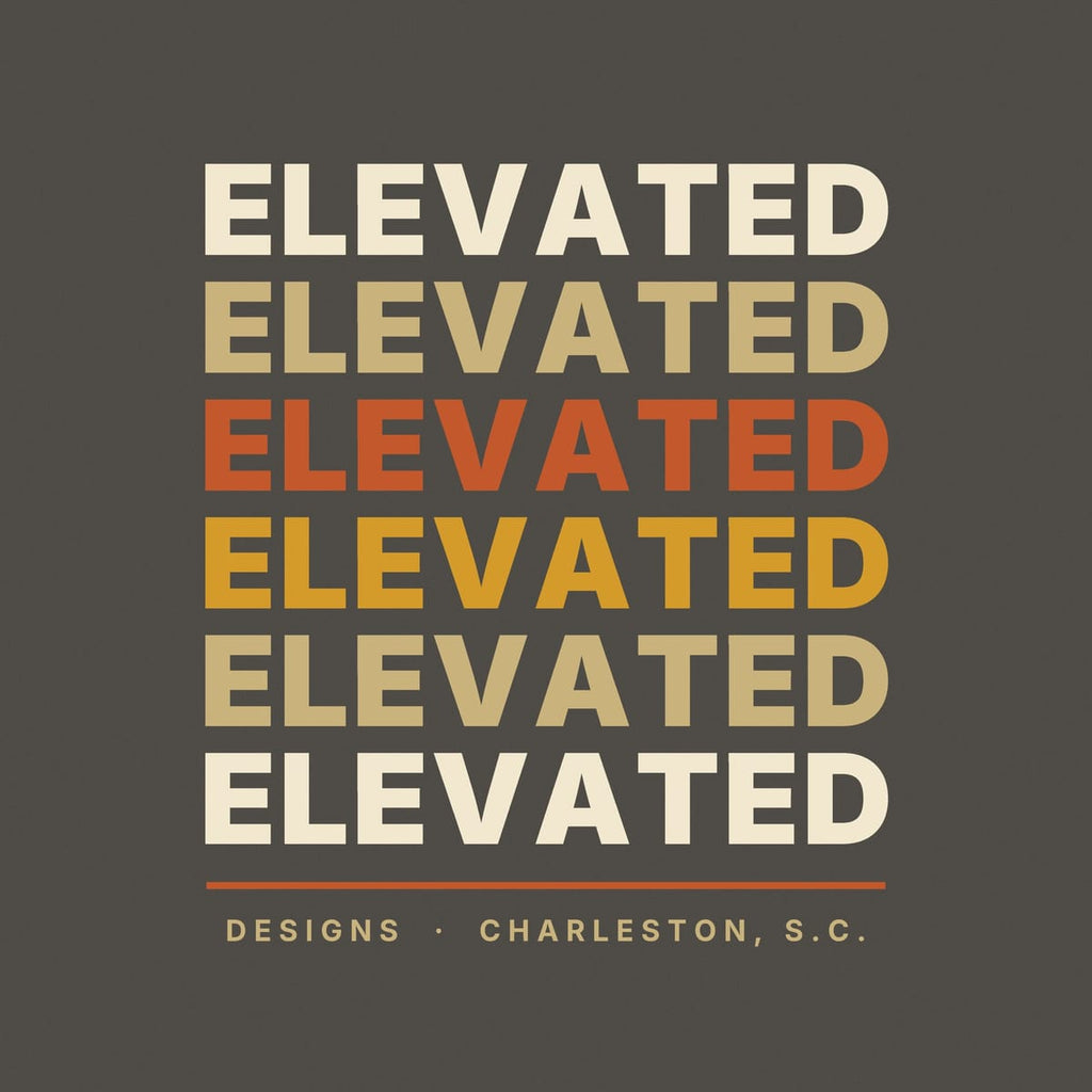 Close-up of the Stacked print: heavy sans-serif ELEVATED repeated in rows shifting from cream to tan, rust and gold.