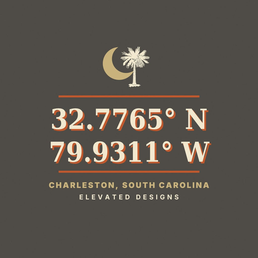 Close-up of the Coordinates print: a gold crescent moon beside a cream palmetto, rust rules and cream serif numerals with a rust drop shadow.