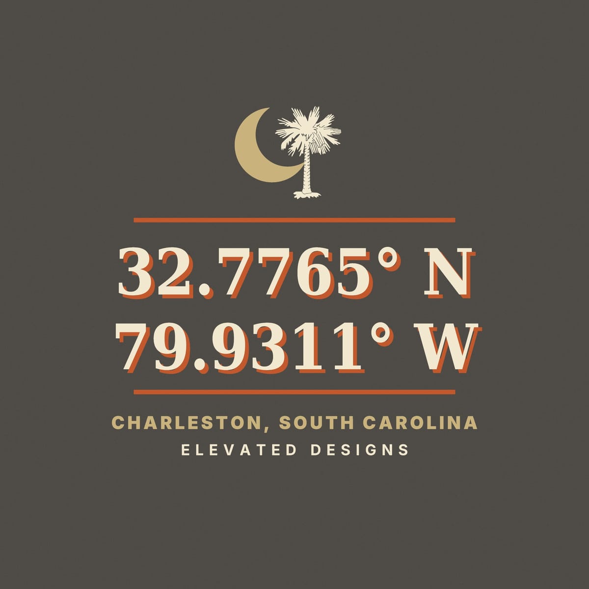Close-up of the Coordinates print: a gold crescent moon beside a cream palmetto, rust rules and cream serif numerals with a rust drop shadow.