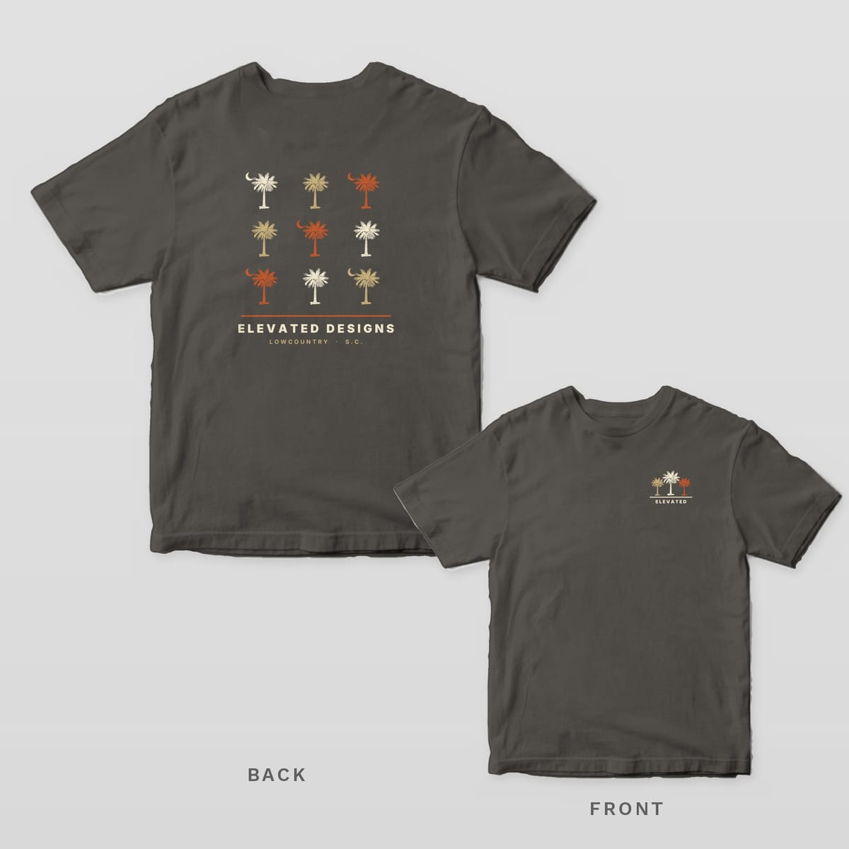 Pepper Comfort Colors tee shown back and front: a grid of nine palmettos on the back and a row of three palmettos over ELEVATED on the left chest.
