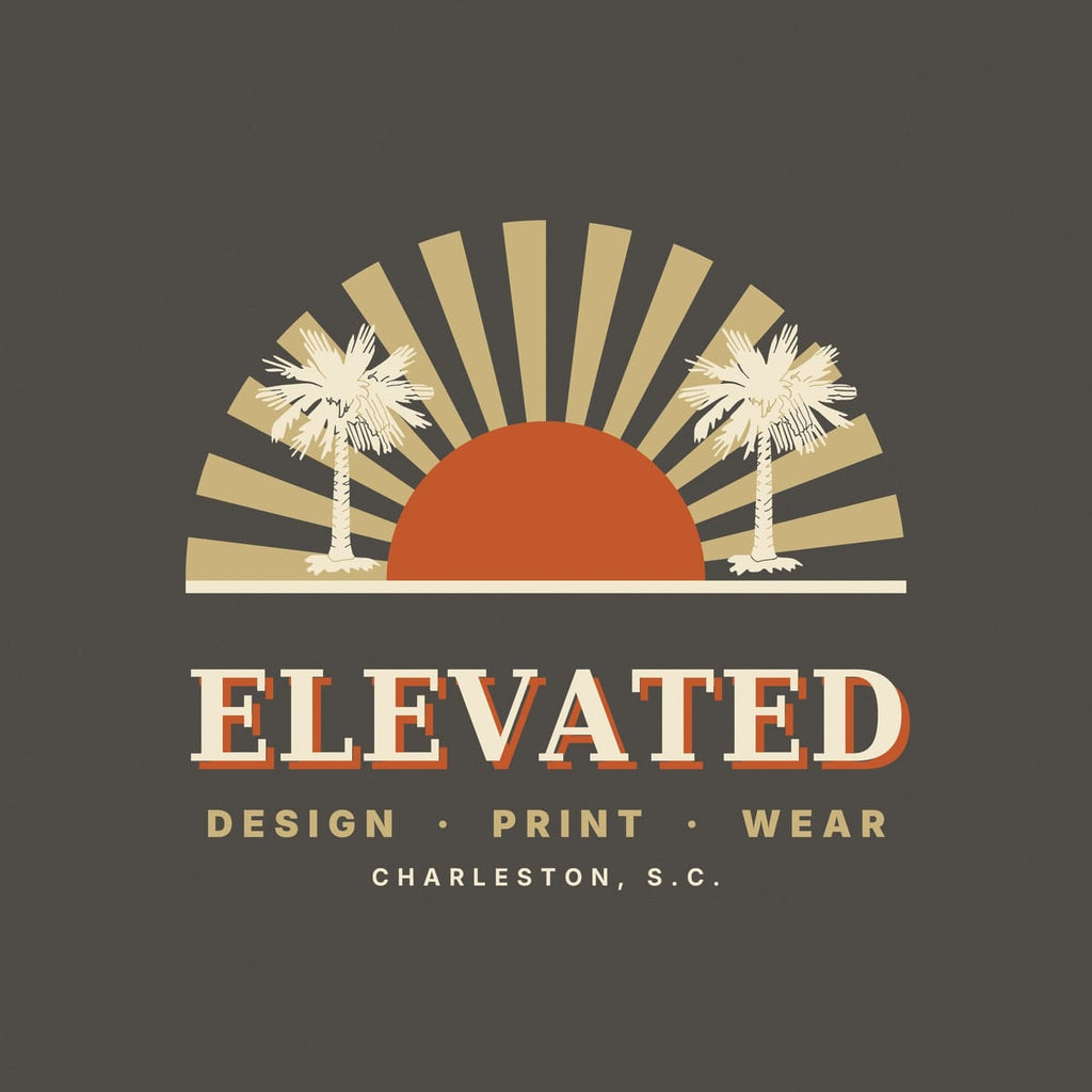 Close-up of the Sunburst print: wide tan rays fanning out from a rust half-sun, cream palmettos on each side and cream lettering with a rust shadow.