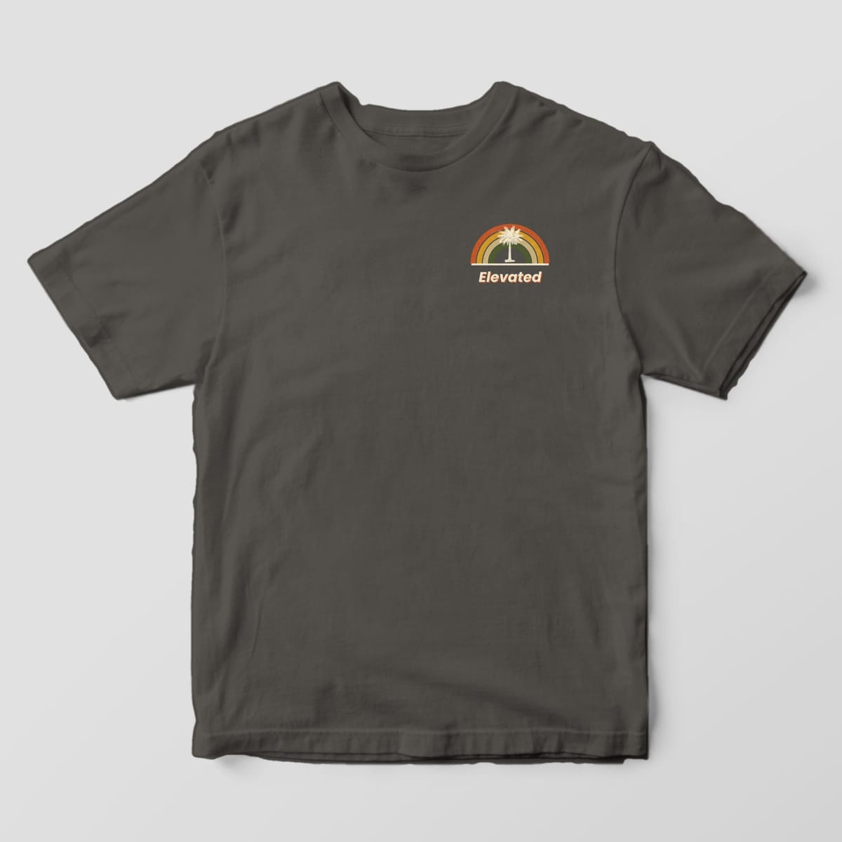 Front of a Pepper Comfort Colors 1717 tee with a small left-chest retro rainbow with a cream palmetto above the word Elevated.