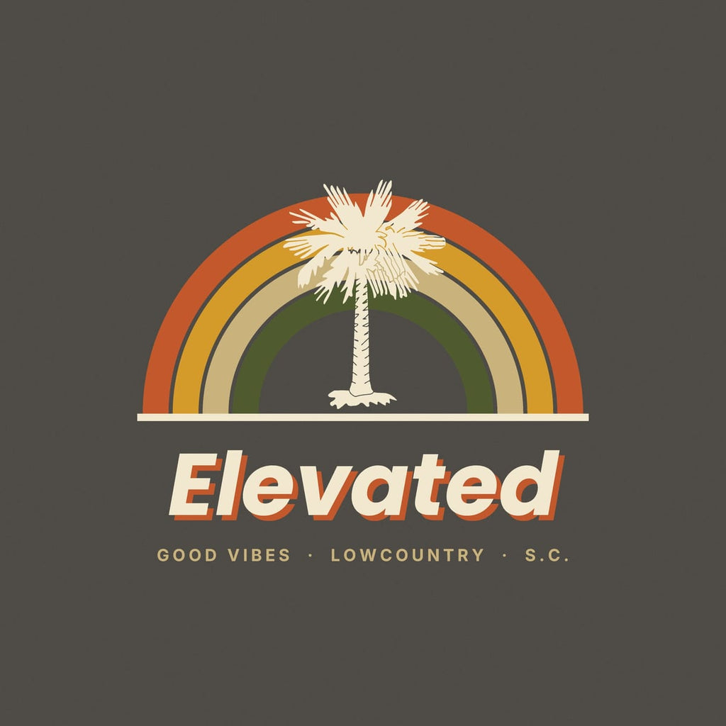 Close-up of the Retro Arcs print: thick rust, gold, tan and olive rainbow bands with a sketchy cream palmetto standing in the middle.