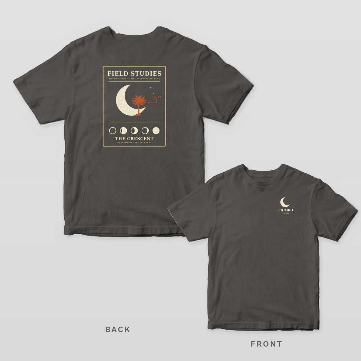 Pepper Comfort Colors tee shown back and front: a Field Studies crescent moon card on the back and a small crescent moon over moon phases and FIG. 02 on the left chest.