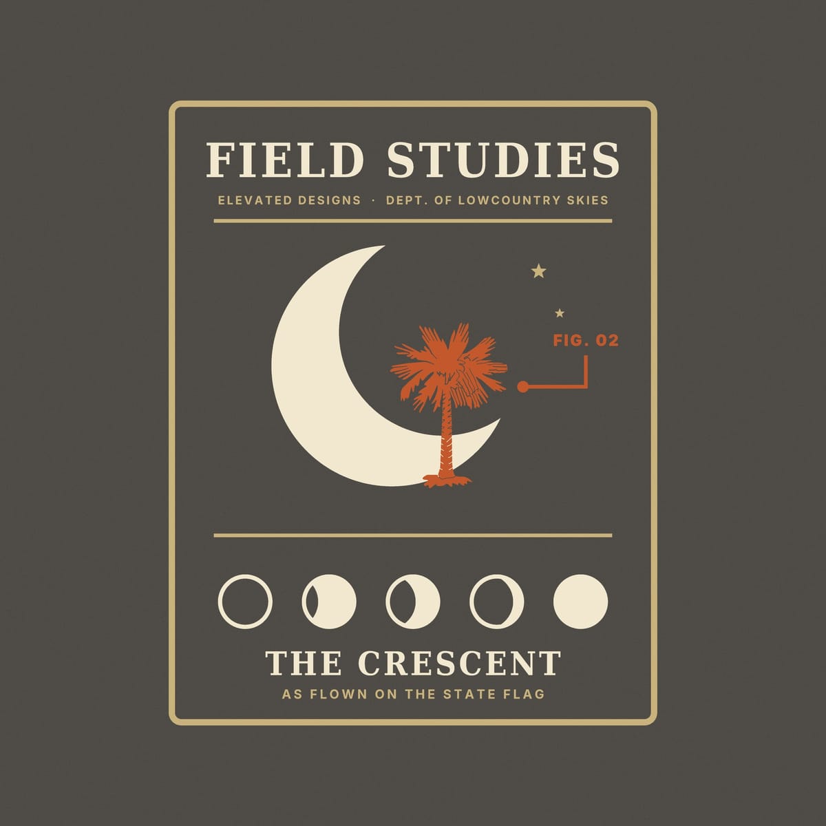 Close-up of the Field Studies Fig. 02 print: a rust palmetto inside a large cream crescent, two stars, a FIG. 02 pointer line and a row of moon phase circles.
