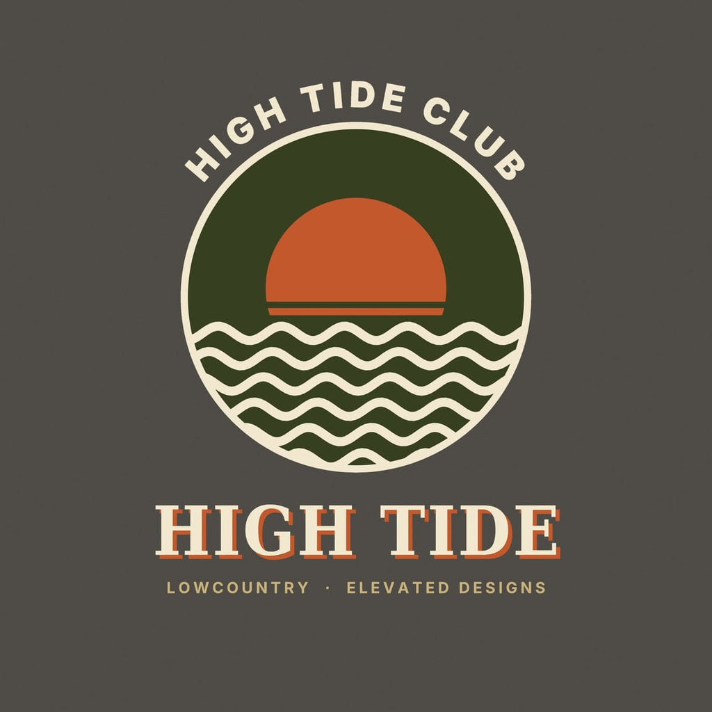 Close-up of the High Tide Club print: a rust half-sun on the horizon inside a cream-ringed olive circle, with five rows of cream wavy lines.