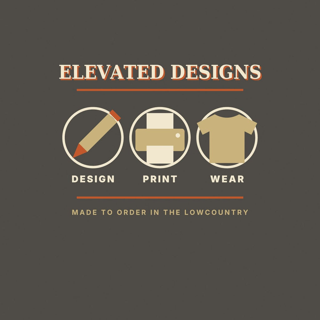 Close-up of the Design Print Wear print: a tan pencil with a rust tip, a tan printer feeding cream paper and a tan t-shirt, each in a thin cream circle.