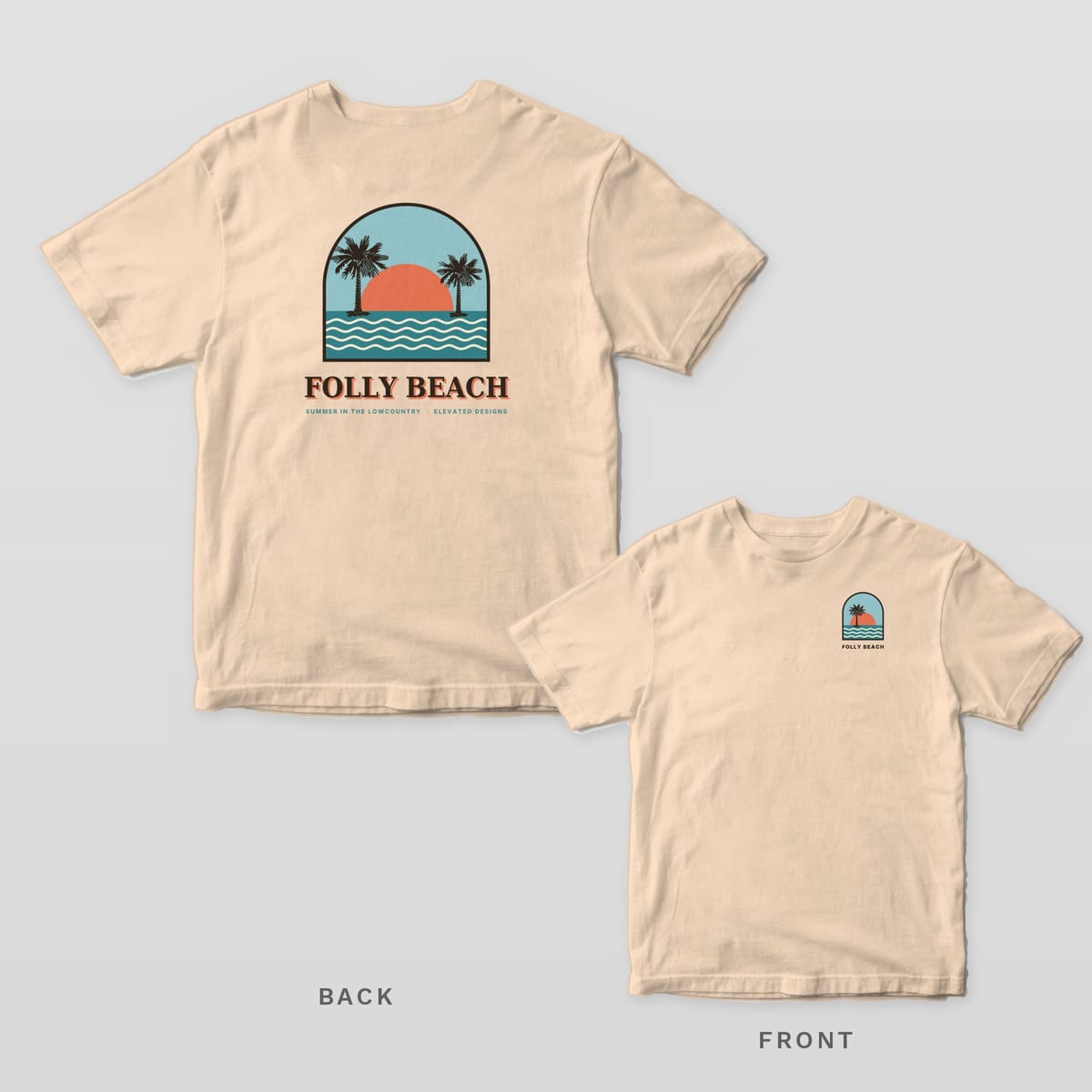 Ivory Comfort Colors tee shown back and front: an arched palmetto sunset scene over FOLLY BEACH on the back and a smaller beach arch on the left chest.
