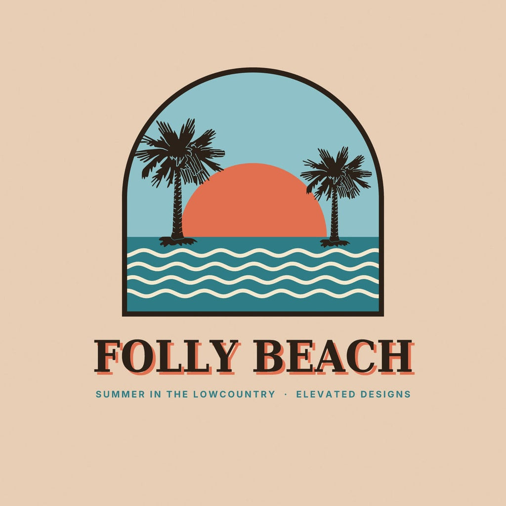 Close-up of the Folly Beach print: dark palmetto silhouettes against a coral sun and pale blue sky, teal water with cream wavy lines and a dark brown arch frame.