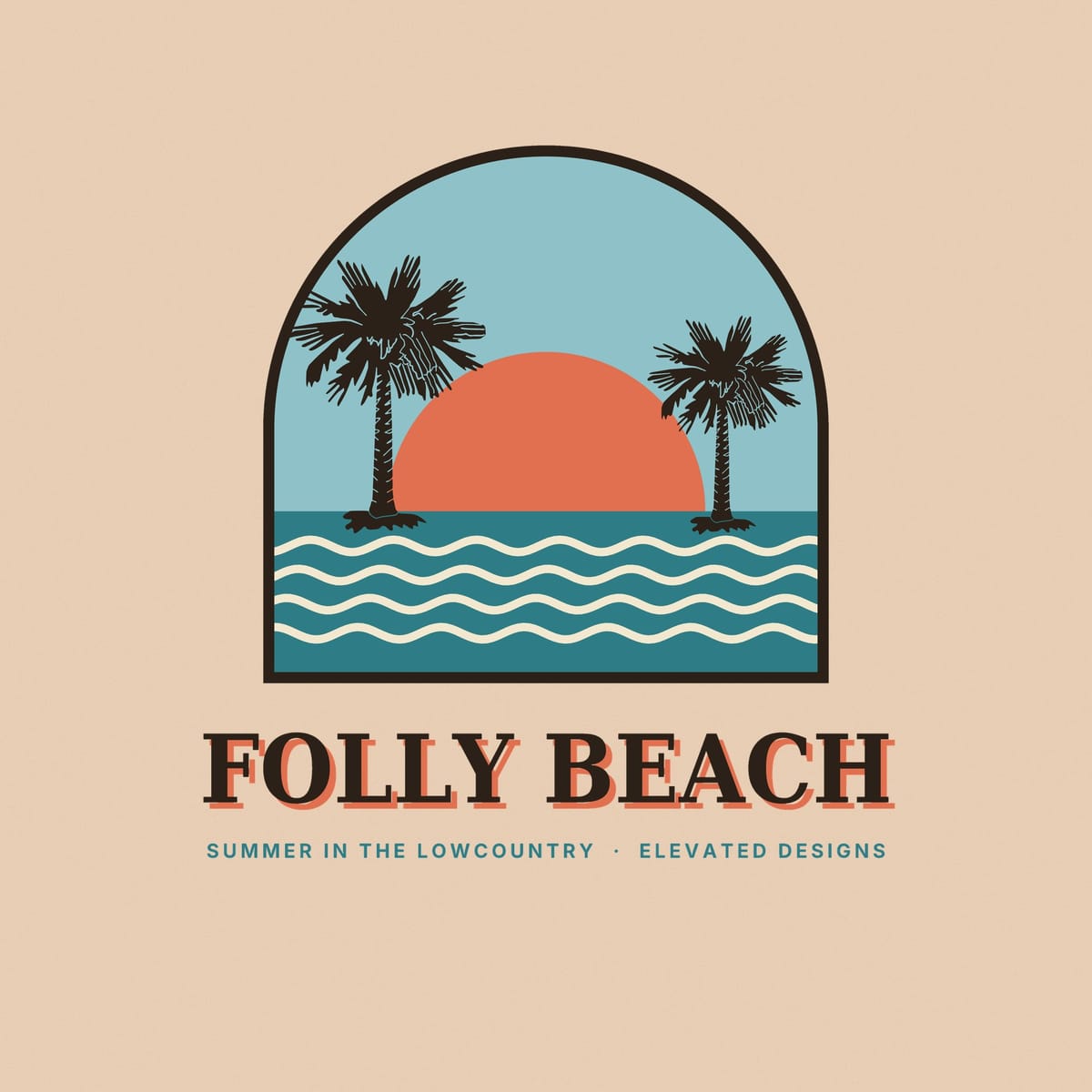 Close-up of the Folly Beach print: dark palmetto silhouettes against a coral sun and pale blue sky, teal water with cream wavy lines and a dark brown arch frame.