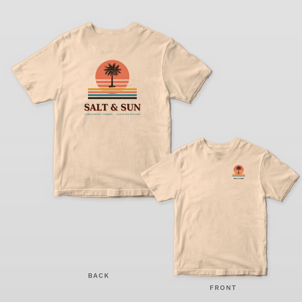 Ivory Comfort Colors tee shown back and front: a retro striped sunset with a palmetto over SALT & SUN on the back and a smaller sunset on the left chest.