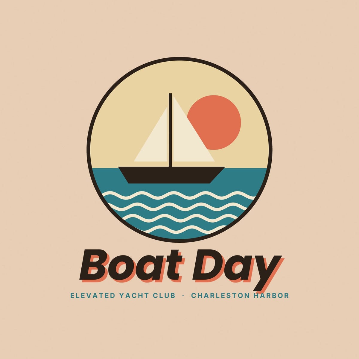 Close-up of the Boat Day print: a dark hulled sailboat with cream sails, a coral sun on a sand-colored sky and teal water with cream wavy lines.