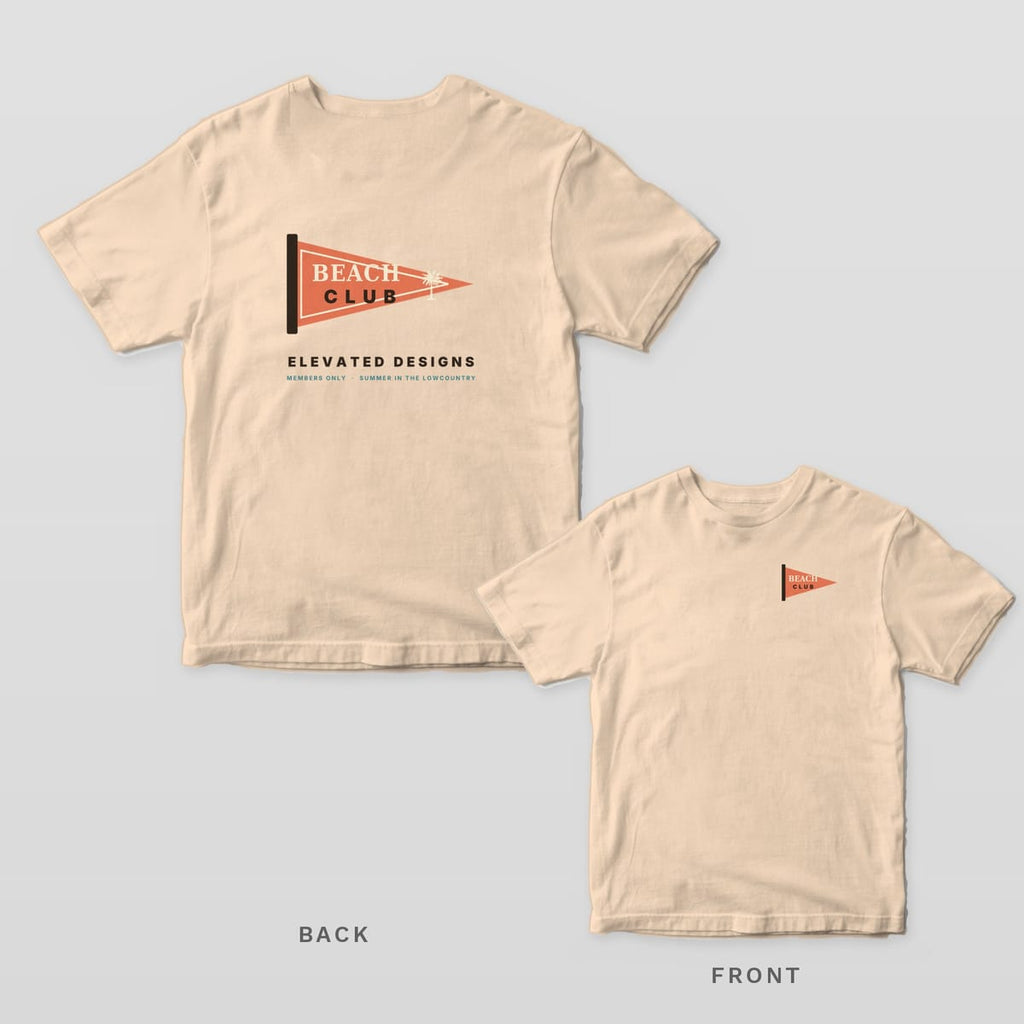 Ivory Comfort Colors tee shown back and front: a coral BEACH CLUB pennant on the back and a smaller pennant on the left chest.