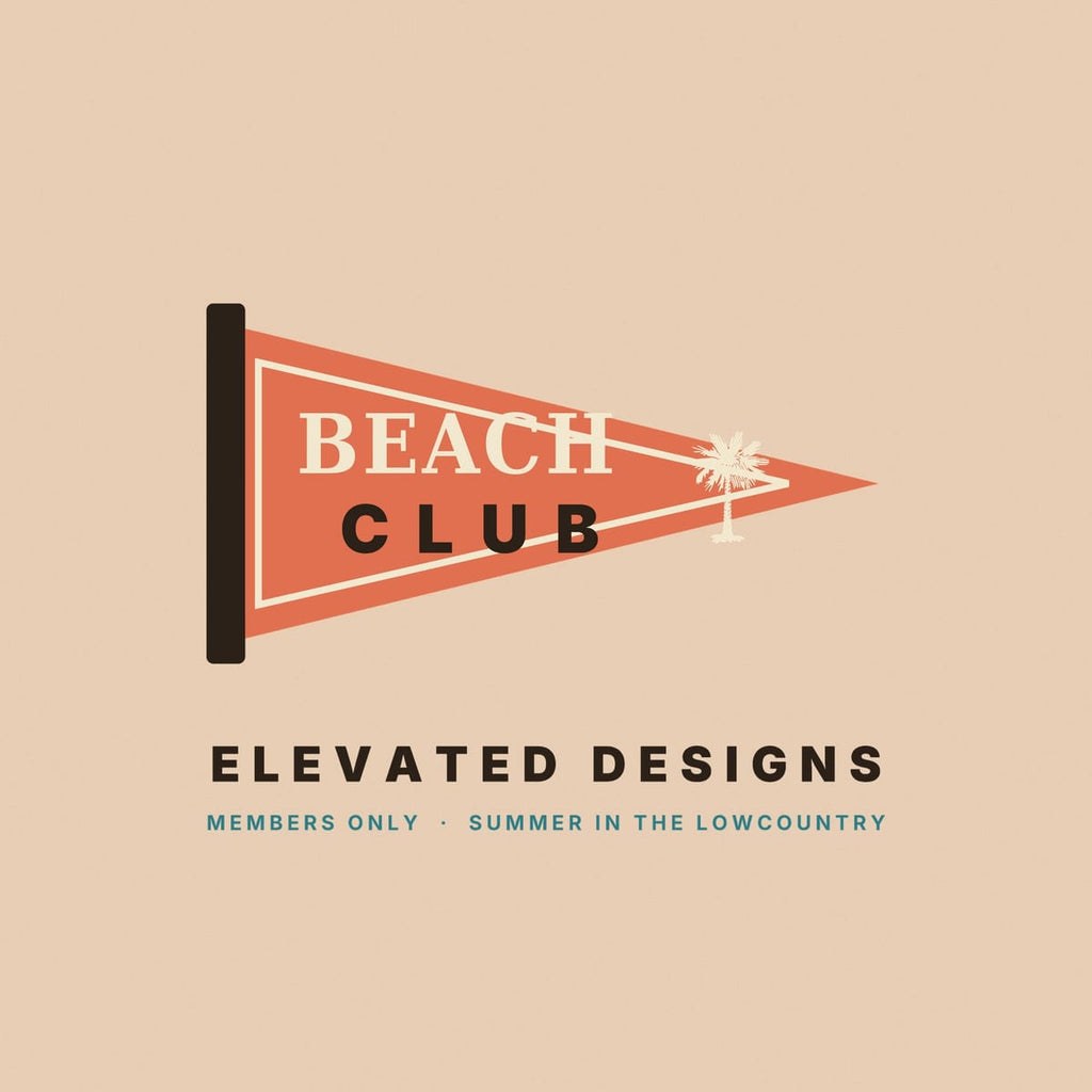 Close-up of the Beach Club print: a coral triangle pennant with a cream inner border, cream serif BEACH, dark brown CLUB and a small cream palmetto.
