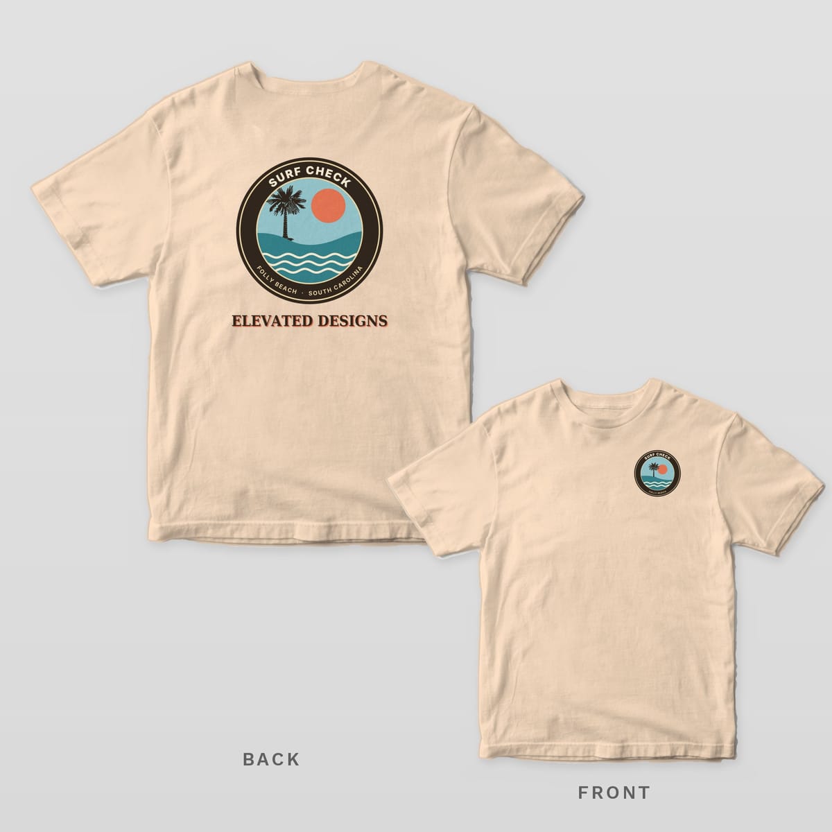 Ivory Comfort Colors tee shown back and front: a round SURF CHECK badge over ELEVATED DESIGNS on the back and a small SURF CHECK badge on the left chest.