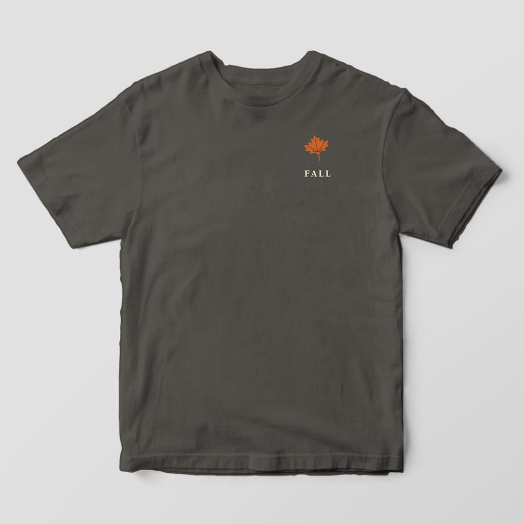 Front of a Pepper Comfort Colors 1717 tee with a small left-chest rust maple leaf above the word FALL.