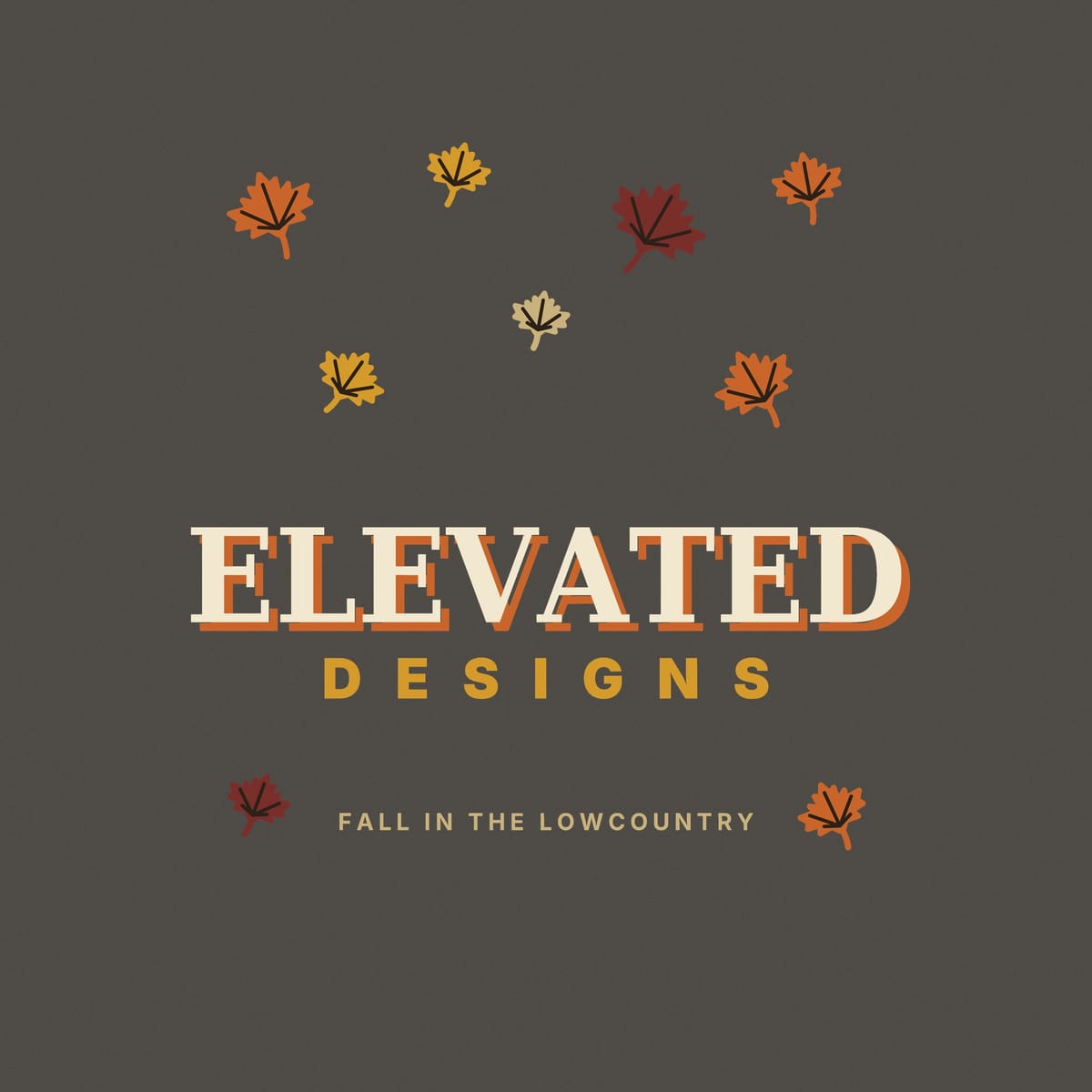 Close-up of the Falling Leaves print: maple leaves with dark veins in rust, gold, maroon and tan scattered around cream lettering with a rust shadow.
