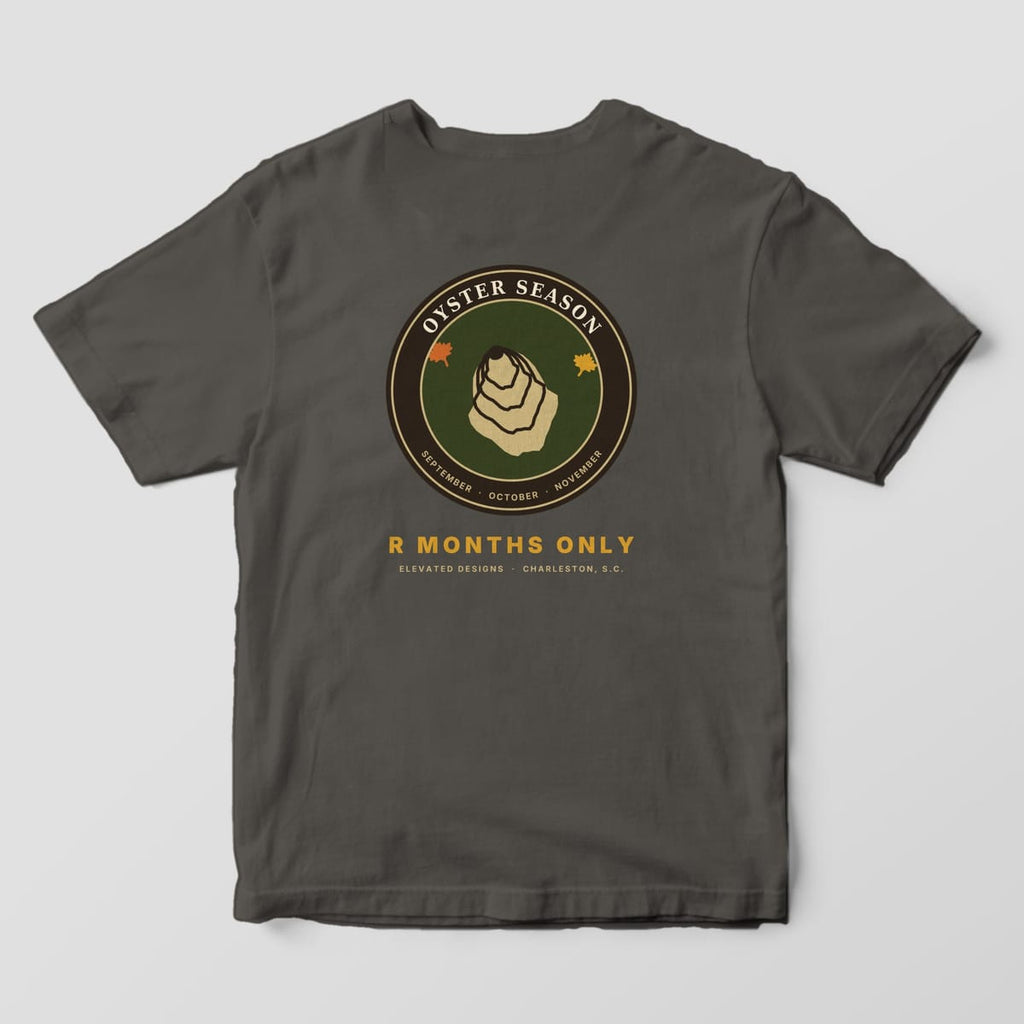 Back of a Pepper Comfort Colors 1717 tee with a round OYSTER SEASON badge with a tan oyster and two autumn leaves on olive, reading SEPTEMBER · OCTOBER · NOVEMBER, above R MONTHS ONLY.