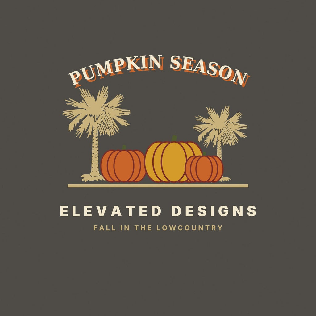 Close-up of the Pumpkin Season print: ribbed orange and gold pumpkins outlined in maroon with green stems, set between sketchy tan palmettos.
