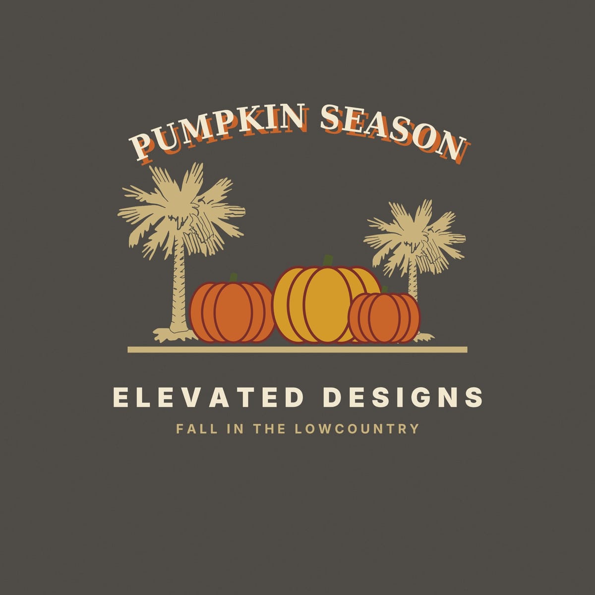 Close-up of the Pumpkin Season print: ribbed orange and gold pumpkins outlined in maroon with green stems, set between sketchy tan palmettos.