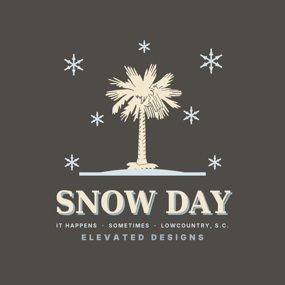 Close-up of the Snow Day print: a sketchy cream palmetto on a pale blue ground line with pale blue snowflakes and cream lettering with a blue shadow.
