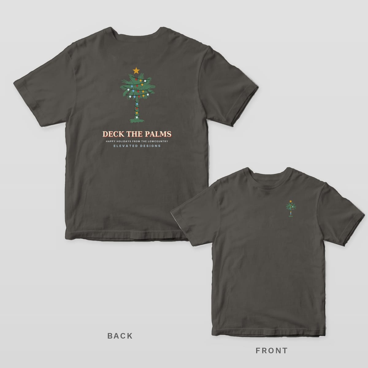 Pepper Comfort Colors tee shown back and front: a palmetto wrapped in Christmas lights over DECK THE PALMS on the back and a smaller lit palmetto on the left chest.