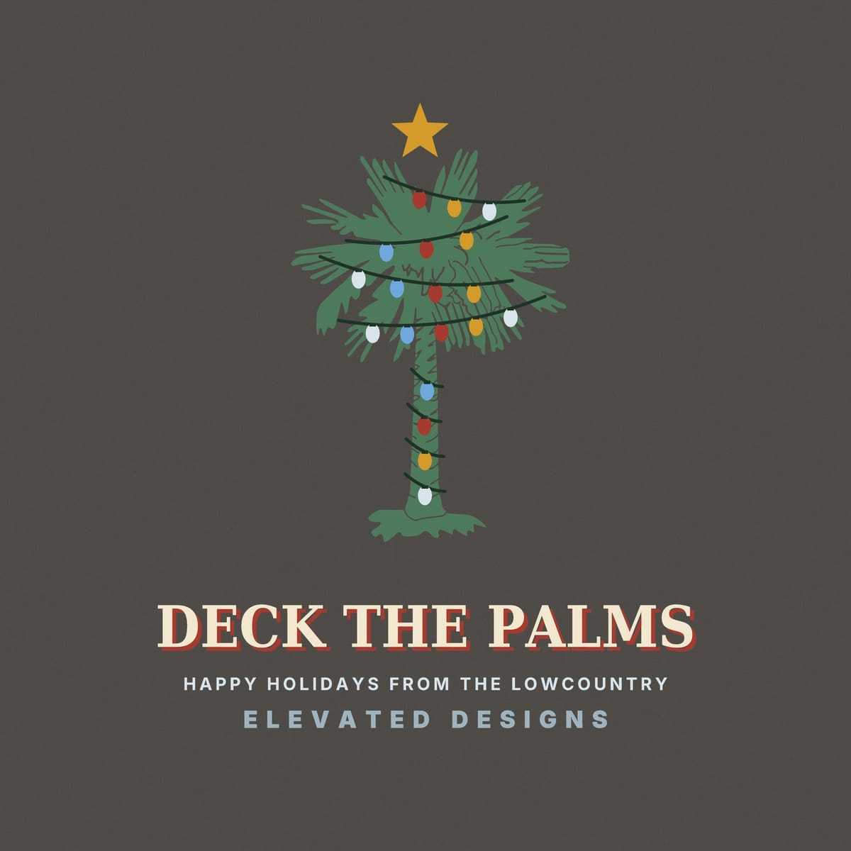 Close-up of the Deck the Palms print: a green palmetto with dark light strands looping across the fronds and trunk, red, gold, blue and white bulbs and a gold star.