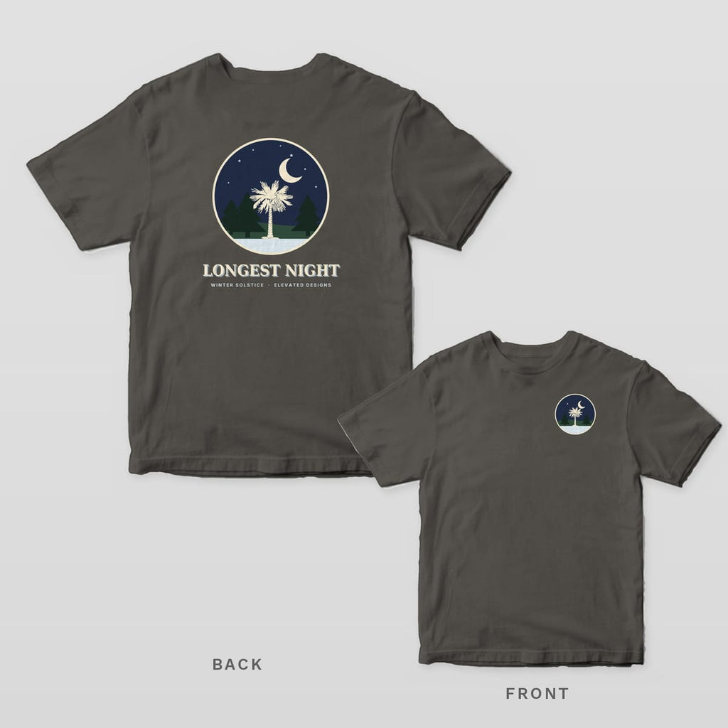 Pepper Comfort Colors tee shown back and front: a round winter night scene with a palmetto and pines over LONGEST NIGHT on the back and a small round night scene on the left chest.