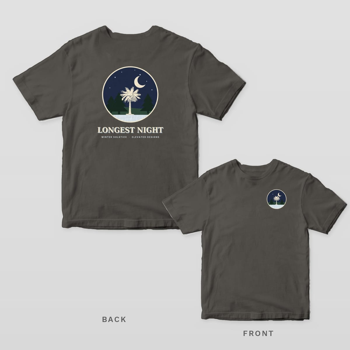 Pepper Comfort Colors tee shown back and front: a round winter night scene with a palmetto and pines over LONGEST NIGHT on the back and a small round night scene on the left chest.