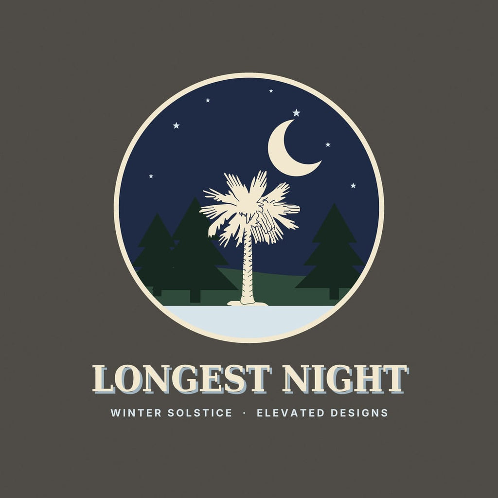 Close-up of the Longest Night print: a cream palmetto on pale snow between dark green pines, a cream crescent moon and small stars on a navy sky in a cream ring.