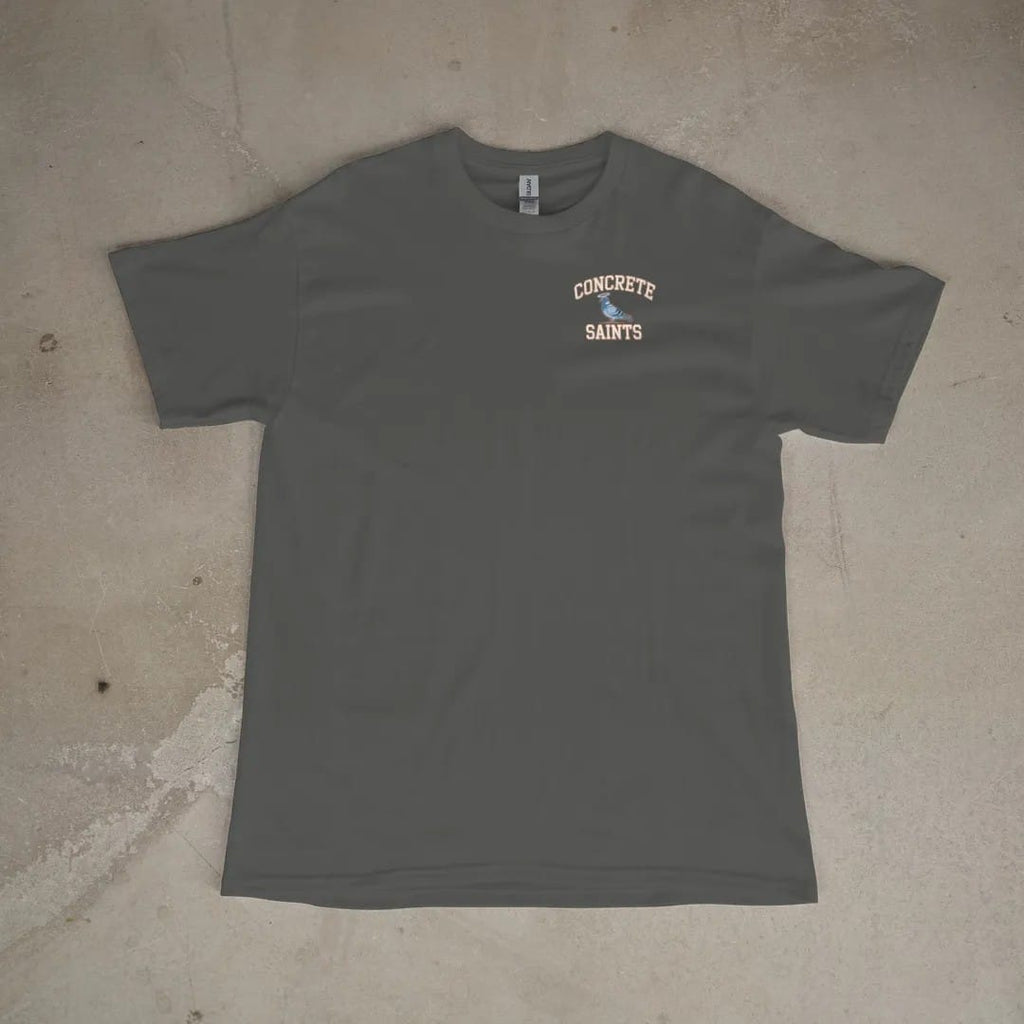 Front of a Pepper tee laid flat, with the small Concrete Saints logo on the left chest.
