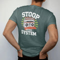 Man wearing a Blue Spruce tee, seen from the back: a boombox on a stoop with radiating sound waves under Stoop and over Sound System, in yellow, orange, bone white and green.