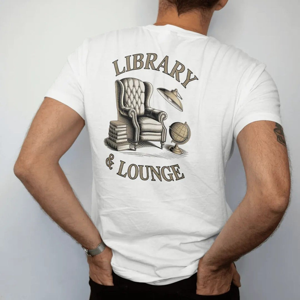 Man wearing a White tee, seen from the back: a leather armchair with books, a brass lamp and a globe under Library and & Lounge, as a fine engraving in cream and champagne gold.