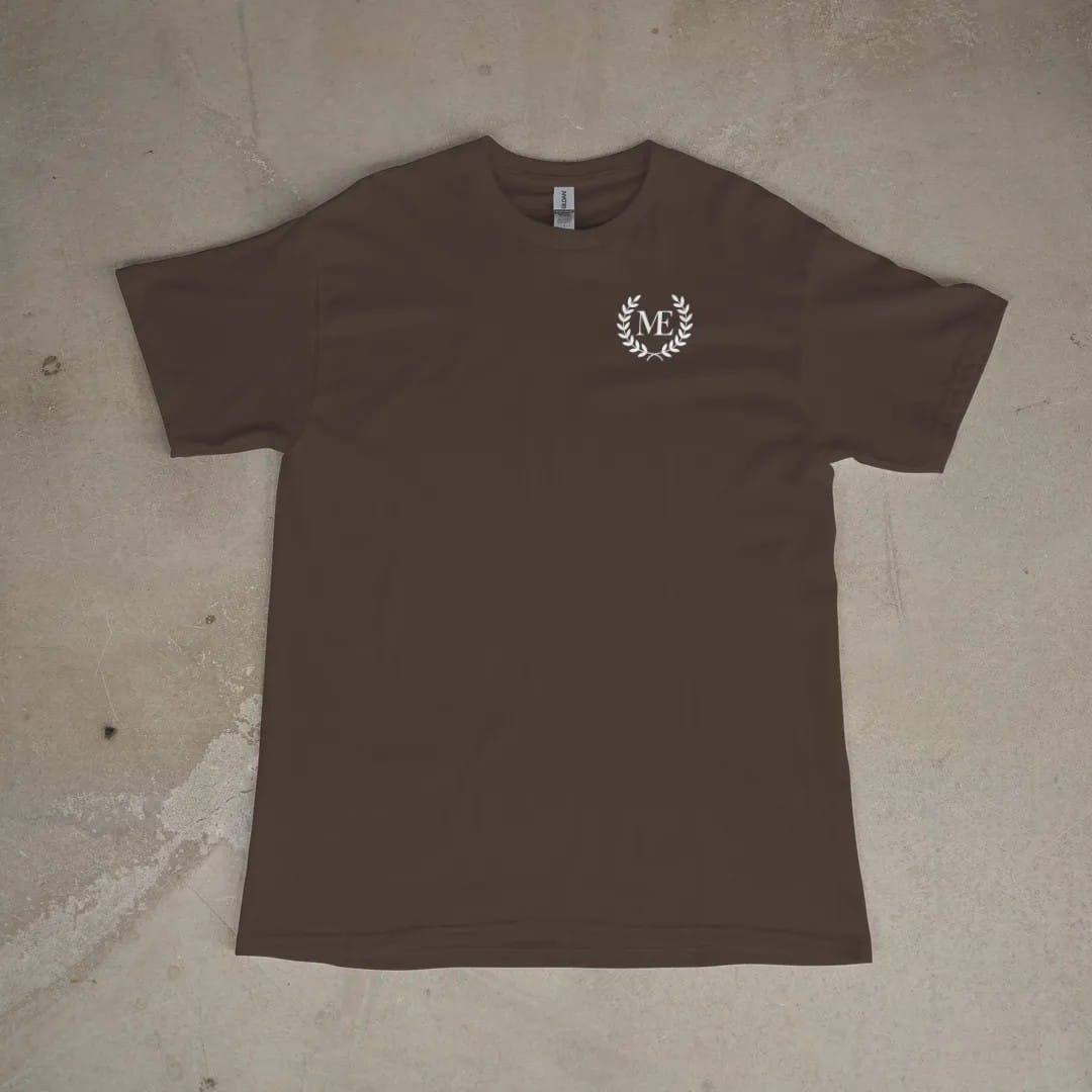 Front of a Espresso tee laid flat, with the small Maison Elevé logo on the left chest.