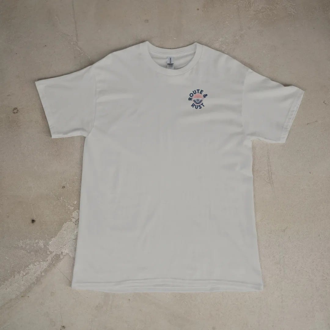 Front of a Granite tee laid flat, with the small Route & Rust logo on the left chest.
