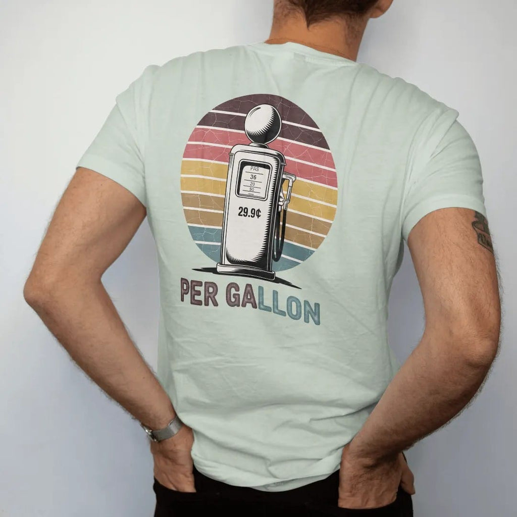 Man wearing a Bay tee, seen from the back: a tall vintage gas pump with a globe and a rolling price window, with "29.9¢" and "PER GALLON" in chunky 70s lettering and small 70s caps, printed in faded, cracked brown, rust red, mustard and dusty teal…
