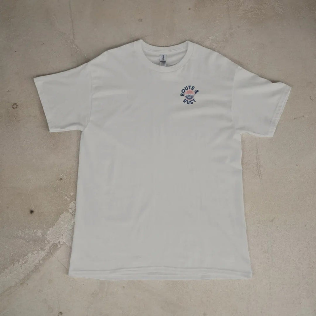 Front of a Granite tee laid flat, with the small Route & Rust logo on the left chest.