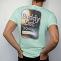Man wearing a Chalky Mint tee, seen from the back: a beveled buddy-list window with three smiling avatar icons, with "BUDDY LIST" and "3 ONLINE" in liquid-chrome bubble letters and small pixel type, printed in glossy gunmetal chrome, cobalt, hot…