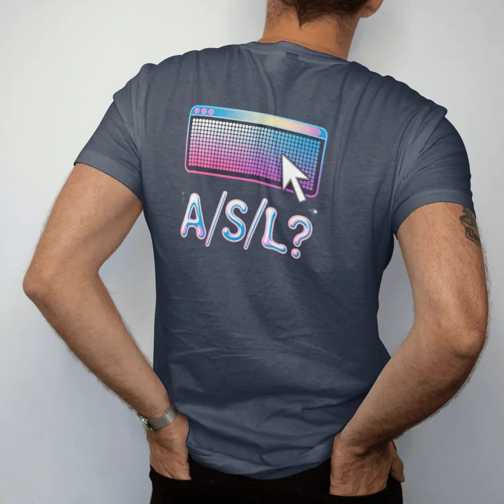 Man wearing a Midnight tee, seen from the back: an old chat room window with scrolling pixel text, with "A/S/L?" in liquid-chrome bubble letters, printed in glossy chrome silver, baby blue, bubblegum pink and violet with sparkles.